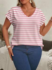 EMERY ROSE Kaos Lengan Pendek Leher V Motif Garis-garis Ukuran Besar, Kaos Lengan Pendek Wanita Ukuran Besar - MultiWarna - View 3