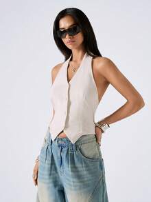 LYSMO 2026 New Arrive Minimalism Spring/Summer Women's Summer Linen Tie Back Backless Top Casual Outfit For Women  Vacation Outfits Women Summer Outfit For Women - Apricot - View 5
