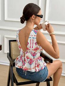 Women's Deep V-Neck Geometric Print Pleated Casual Versatile Daily Wear Blouse,Summer Top,Women's Summer Boho Plunge V-Neck Sleeveless Peplum Top Casual Vacation White Blouse,Elegant White Geometric Print Deep V Neck Ruched Waist Peplum Top For Beach Holiday,Women Summer Top White Boho Sleeveless Deep V Neck Ruffle Hem Peplum Blouse Casual Outfit,Holiday Outfits For Women ,Summer Holiday Outfits ,Casual Suit, Suitable For Everyday Wear. - Multicolor - View 7