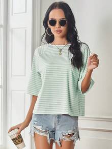 SHEIN Raffinéa Raglan Sleeve Striped Print Tee Graphic Tees Women Tops - Green - View 3