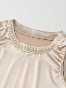 SHEIN Franclia 女士奢华香槟色缎面珍珠领连体衣 - 杏色 - 查看 3