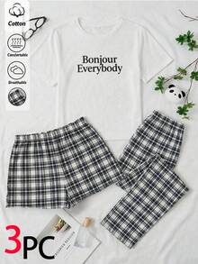 EURMUSE Bộ đồ ngủ nữ 3 món bằng cotton, gồm áo ngắn tay in chữ và quần dài/ngắn họa tiết kẻ caro, thoải mái khi mặc ở nhà. - Nhiều màu - Xem 1