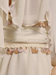 MUSERA Embellished Shell Ruched Waistband Flowy Draped Ruffled Asymmetric Hem Midi Skirt Coord Bottoms Only Cute Summer Spring Sexy Going Out Beach Holiday Vacation Honey Tides - Beige - View 6