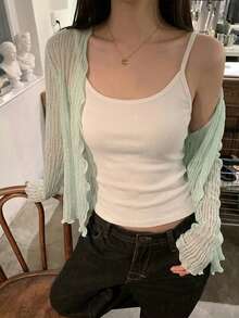 INAWLY Áo khoác cardigan dệt kim tay dài cổ chữ V viền ren tinh tế, dáng ngắn, nhẹ, thoáng khí, chống nắng mùa hè dành cho nữ. - Màu xanh chanh - Xem 3