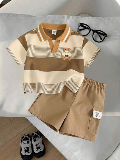 Bubblio 2pcs/Set Baby Boy Casual Striped Polo Shirt & Khaki Shorts Set, Versatile Outfit Suitable For Birthday Party, Evening Event, Performance, Wedding, Baby Shower, 1st Birthday Celebration Baby Boy Summer Wear Boy Khaki Outfit Toddler Summer Outfit