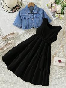 SHEIN 2 Stücke/Set Lässige Denim Jacke und weißes Kleid - Schwarz - Übersicht 7