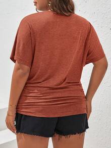 SHEIN Frenchy Plus Size Solid Color Round Neck Short Sleeve Casual Loose Breathable Summer T-Shirt - Orange - View 2