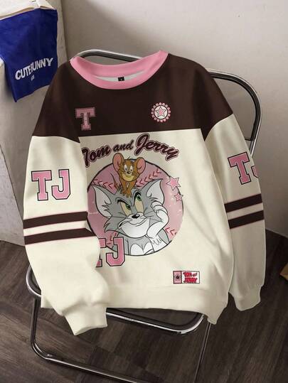 TOM & JERRY X SHEIN Women's Casual Colorblock Cartoon Pattern Crew Neck Sweatshirt, Autumn Cute Sweatshirt Y2k Sweatshirt Oversized Sweatshirt Cartoon Graphic Sweatshirt