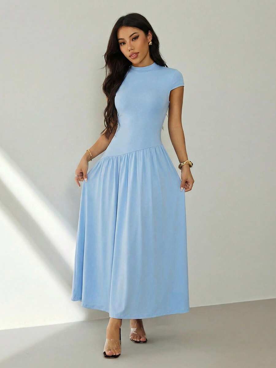 SHEIN PETITE Women's Summer Simple Solid Color Pleated A-Line Dress,Summer Dresses For Women