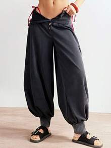 Bohemela Women's Casual Solid Color Knit Loose Relaxed Fit Drawstring Ankle Pants Oversize Pants For Women - Black - View 2