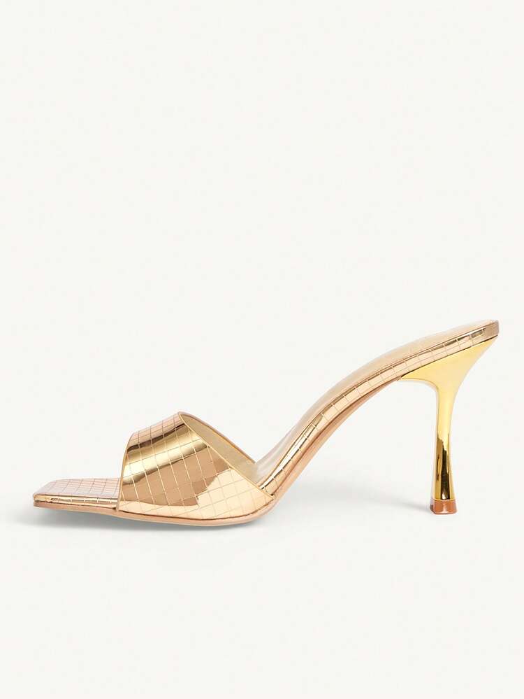 CUCCOO CHICEST Women's High-Heeled Sandals, Elegant French Square Toe Open-Toe Sandals, Gold Plaid Mirror Sandals, Stiletto Mule Trailers, Women's Party Dinner Shoes Summer Shoes