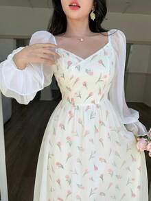 Feyla 女士郁金香印花优雅长袖中长连衣裙 - 彩色 - 查看 3
