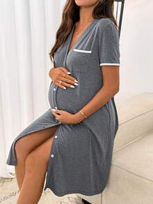 SHEIN Maternity V-Neck Short Sleeve Single-Breasted Casual Pocket Dress - Grey - View 5