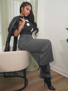 Chea Andrea Grey High-End Casual Office Commuter Versatile Diagonal Placket Design Loose Straight Leg Trousers, Wide Leg Suit Pants In Fall/Winter - Grey - View 5