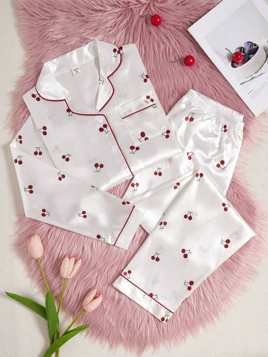 2 piezas Conjunto de pijama para adolescentes, pantalón largo y traje de estar por casa de manga larga en tela de dobby verde oliva con estampado floral rosa - Multicolor - Ver 1