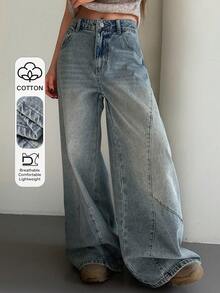 DAZY 女士宽松开衩弧形牛仔牛仔裤，休闲街头风，春夏款 - 藍色 - 查看 1