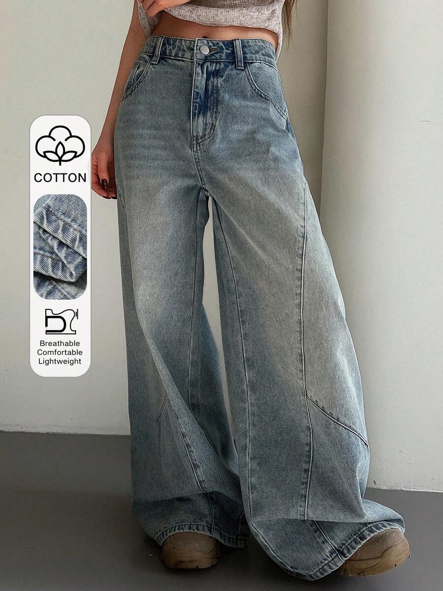 DAZY 女士宽松开衩弧形牛仔牛仔裤，休闲街头风，春夏款 - 藍色 - 查看 1