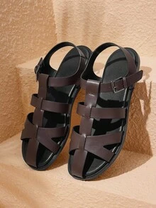 HighSole Sandalias casuales planas de punta redonda marrones para mujer, con suela grande suave y cómoda, versátiles y de estilo romano, adecuadas para exteriores, viajes, playa, uso diario, primavera/verano - Marrón - Ver 1