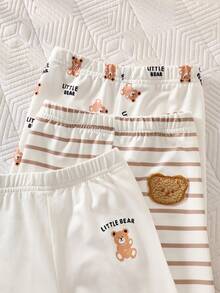 SHEIN 新生儿可爱休闲黄色小熊、粉色小猫、白色兔子连体裤，女宝宝套装 - 棕色 - 查看 6