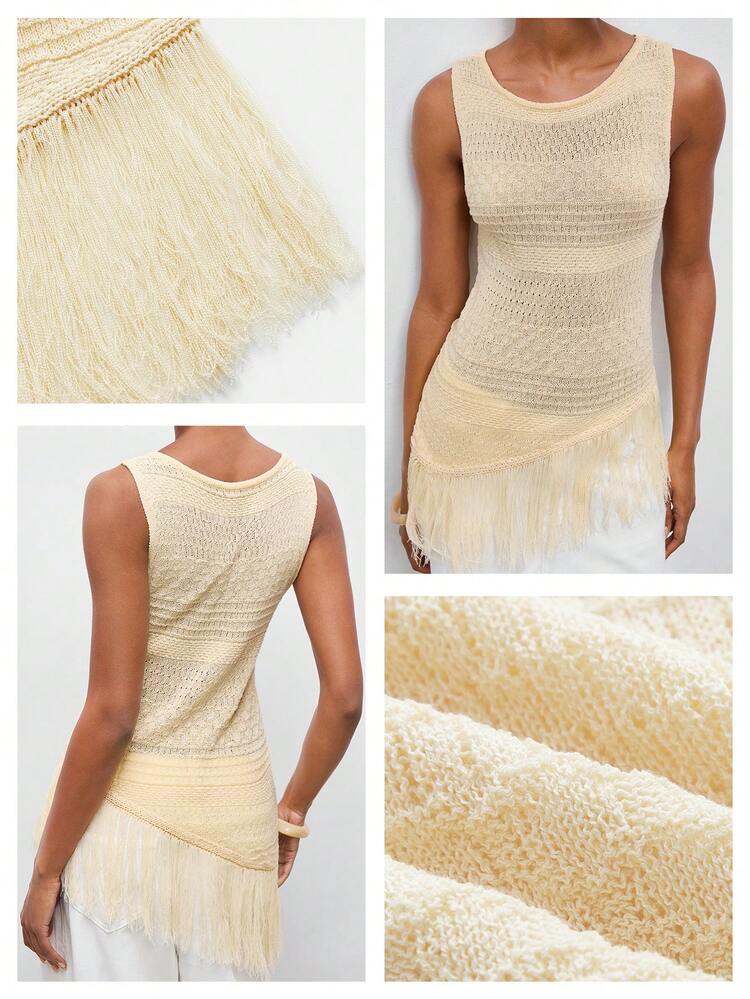 SHEIN Maija Women's Fashion Asymmetrical Hem Fringed Sleeveless Knit Top,Apricot Summer Boho Vacation Holiday Fringe Outfit Festival Outfits For Women