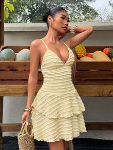 Sunnyshic 女士黄色提花深V吊带层叠下摆迷你度假连衣裙 - 黃色 - 查看 4