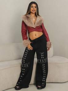 Rayane Ketlyn Women's Colorblock Burgundy PU Crop Jacket With Fuzzy Detail, V Neck, And Regular Long Sleeves Crop Top Jacket Leather Crop Top Red Leather Jacket Fur Top - Burgundy - View 1