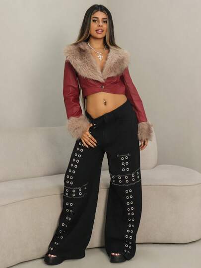 Rayane Ketlyn 时尚人造毛皮和皮革拼接短款夹克