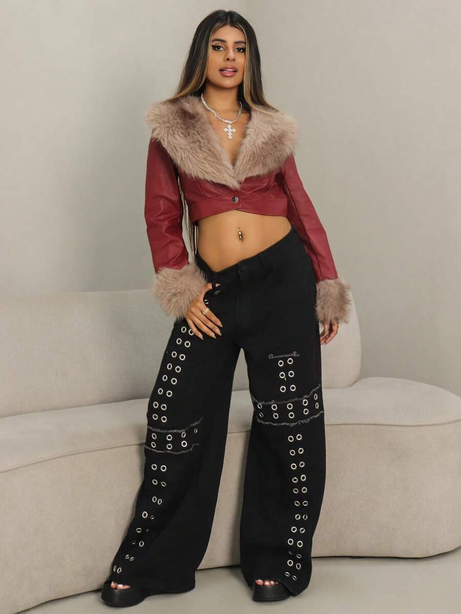 Rayane Ketlyn Women's Colorblock Burgundy PU Crop Jacket With Fuzzy Detail, V Neck, And Regular Long Sleeves Crop Top Jacket Leather Crop Top Red Leather Jacket Fur Top - Burgundy - View 1