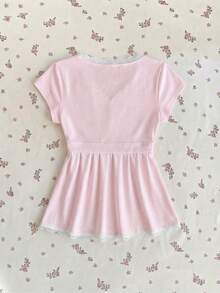 Elamini 女士春夏白色法式浪漫蕾丝拼接V领系带衬衫 - 粉色 - 查看 2