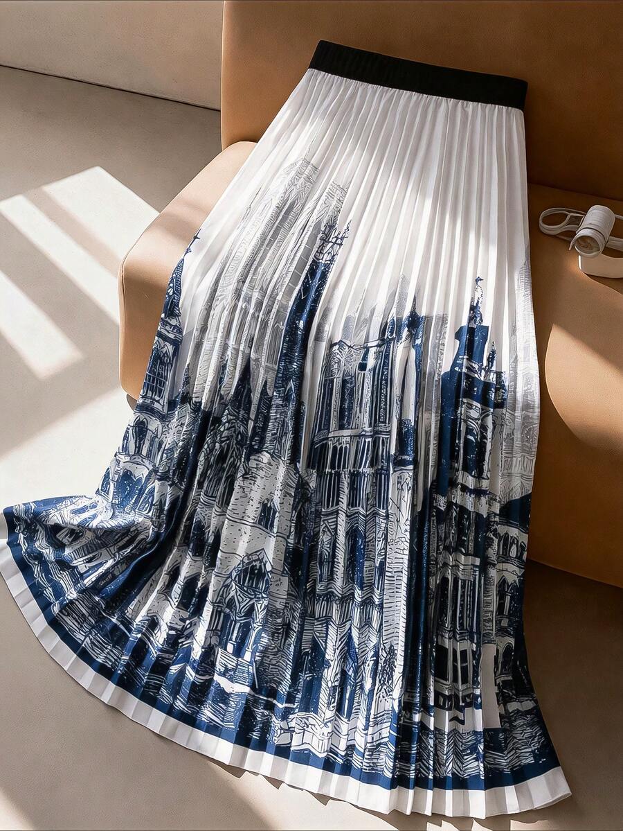 GlowEve CURVE Gonna ampia plissettata con stampa a tema castello, stile a-line, per donne taglie forti, adatta per l'estate - Blu - Visualizzare 1