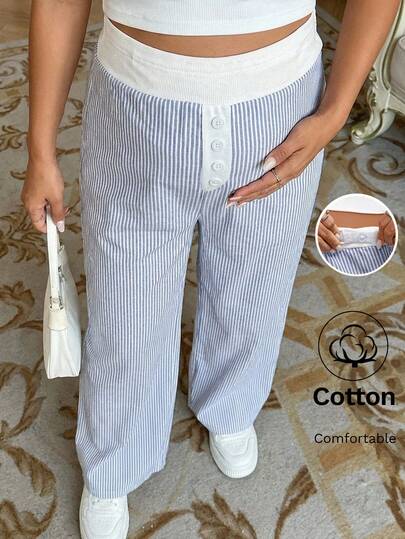 SHEIN 可调节腰围条纹休闲宽松孕妇裤，日常百搭