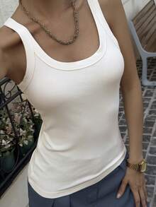 DAZY Tank Top Kasual Slim Fit Bergaris Warna Polos untuk Wanita, Cocok untuk Musim Panas - Krem - View 6