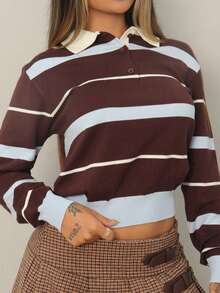 Rayane Ketlyn 女式秋冬学院风马球领撞色条纹棕蓝宽松针织毛衣 - 彩色 - 查看 4