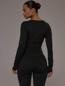 Musera Sport 裹身式V领双层长袖运动上衣，适合运动健身、健身房、普拉提、日常休闲穿着 - 黑色 - 查看 2