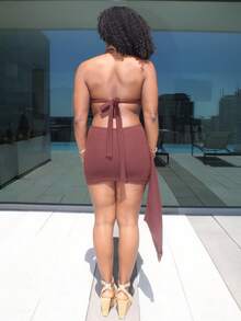 Steph T New Vacation Halter Waist Hollow Out Fitted Flowy Mini Dress, Bohemian, Boho, Vacation, Fall Women Clothes, Vintage, Holiday Brown Party - Brown - View 2