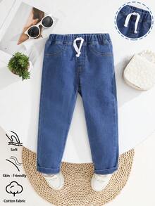 Young BoyFashion Washed Denim Jeans, Casual Elastic Waist Tapered Leg Jeans, Soft Cotton Stretch Fabric, Suitable For Spring, Summer, Autumn And Winter - Medium Wash - View 1