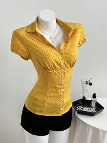 Elamini Polka Dot Print Lapel Fitted Short Sleeve Blouse For Women Womens Shirts For Summer Womens Work Tops Womens Tops And Blouses Polo Blouse For Women Formal - Yellow - View 5