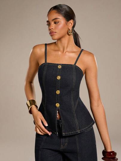 Normani Áo hai dây denim xẻ tà cài cúc phía trước thời trang mùa hè dành cho nữ