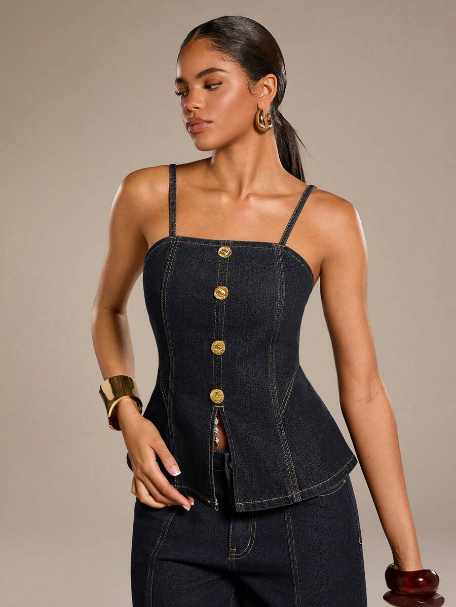 Normani Áo hai dây denim xẻ tà cài cúc phía trước thời trang mùa hè dành cho nữ - Rửa tối - Xem 1