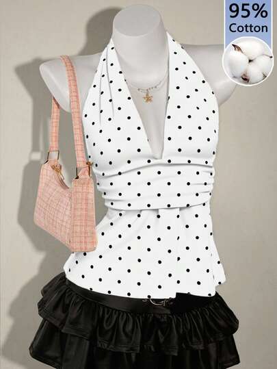 SHEIN ICON Women's 95% Cotton Black & White Polka Dot Halter Deep V-Neck Ruched A-Line Backless Top - Sexy Cute Vintage Y2K Coconut Girl Style For Spring/Summer Vacations, Beach, Hawaii, Island Trips, Boho & Music Festivals
