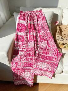 SHEIN Franclia Damen Urlaubsstil rosa Blume Muster Weite Hose, Frühling/Sommer - Pink - Übersicht 1