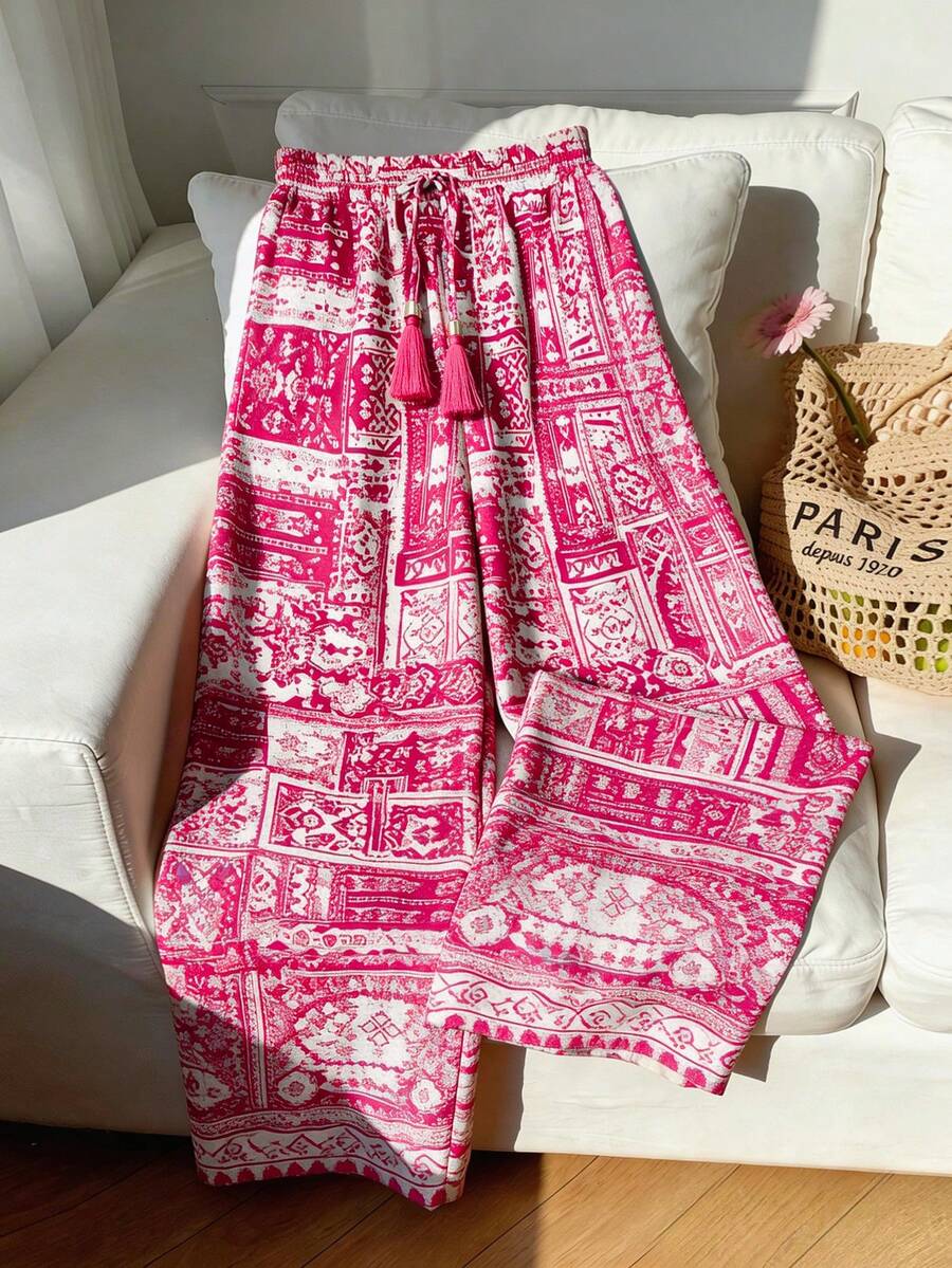 SHEIN Franclia Damen Urlaubsstil rosa Blume Muster Weite Hose, Frühling/Sommer - Pink - Übersicht 1