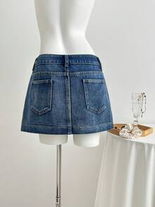 Elamini Women's Casual Denim Skirt With Button Waist Design - Medium Wash - View 2