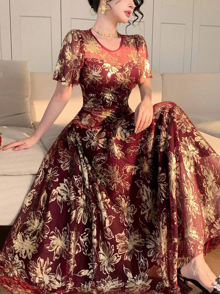 Women's Elegant Floral Embroidery Mesh Dress, Suitable For Spring And Summer