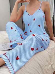 Napfluff Conjunto de pijama de camiseta de tirantes y pantalones con estampado de corazones a rayas y efecto arrugado para mujer - Azul - Ver 4