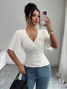 Selianne 2026 Summer New French V Neck Wrap Lace Blouse For Women Flare Sleeve Slim Fit Elegant Top Elegant Tops For Women - Apricot - View 4