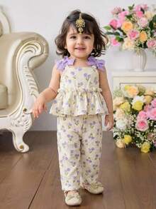 Bộ 2 món cho bé gái, chất liệu chiffon, họa tiết hoa nhí, nơ trang trí, kiểu dáng thường ngày, gồm áo vest và quần, màu tím nhạt. - Màu tím hoa cà - Xem 9