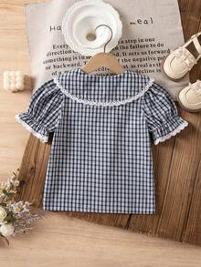 SHEIN Genkimix Kids 女童韓系簡約黑白格紋荷葉領泡泡袖短袖襯衫，休閒校園風夏季穿搭 - 白色 - 查看 2