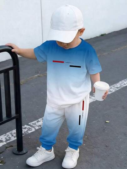 2pcs/Set Toddler Boys (6 Months - 2-3 Years) Casual Ombre Blue & White + Geometric Letter Print Short Sleeve T-Shirt + Jogger Pants, Lightweight Breathable Outfit For Daily Wear, School, Leisure, Spring/Summer/Autumn