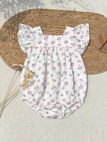 SHEIN Bộ áo liền quần họa tiết hoa nhí cho bé gái, chất liệu mềm mại và thoải mái, kiểu dáng công chúa ngọt ngào và dễ thương, thích hợp cho các hoạt động thường ngày mùa xuân/hè, du lịch, công viên, dã ngoại, chụp ảnh. - trắng - Xem 4